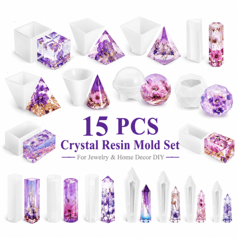 Resin Jewelry Kit - ชุดแม่พิมพ์ซิลิโคนเรซินคริสตัล 15 ชิ้น ดีไซน์ไม่ซ้ำใครสำหรับเก็บเครื่องประดับ ที่ใส่แหวน จี้