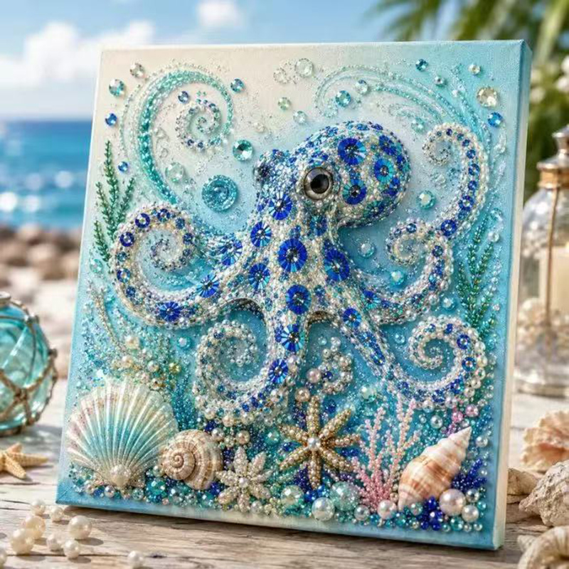 Resin Craft For Beginners - ชุดงานฝีมือ DIY ภาพวาดไข่มุกเพชรลายทะเล 3D ลายเต่า ปลาหมึก